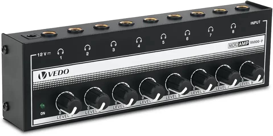 HA-800P Amplificador de fone de ouvido, amplificador de áudio estéreo de 8 canais, divisor de fone de ouvido multiportas, mixer para estúdios de gravação e bandas, com 8 portas de saída e 1 porta de