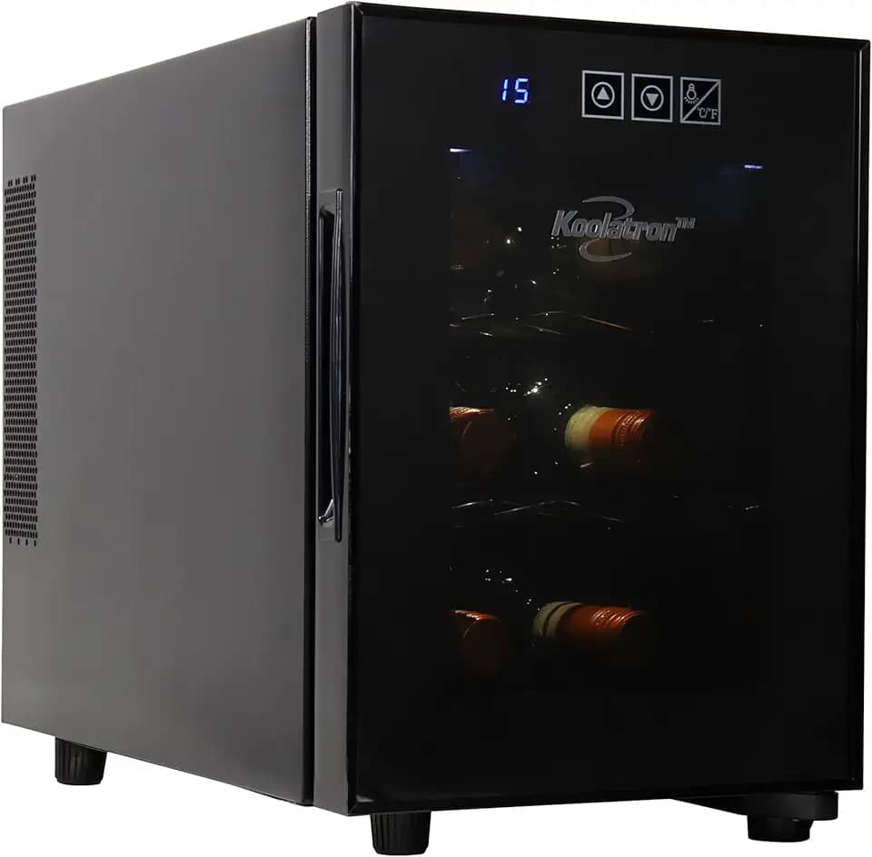 Koolatron Refrigerador de vinho para 6 garrafas, preto, geladeira termoelétrica, 16 litros, adega independente, armazenamento de vinho vermelho, branco e espumante para cozinha pequena, apartamento, apartamento, trailer