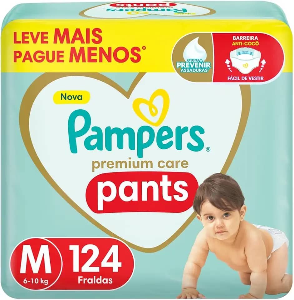 Fralda Pampers Premium Care Pants Tamanho M, Fácil de Vestir, 124 Unidades
