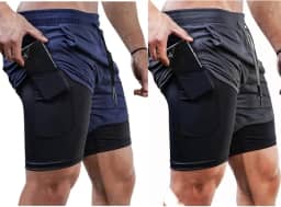 Kit 2 Shorts Masculino 2 em 1 Academia Fitness Corrida Musculação beach Tecido Dryfit Com Elastano Forrado G Preto e Azul