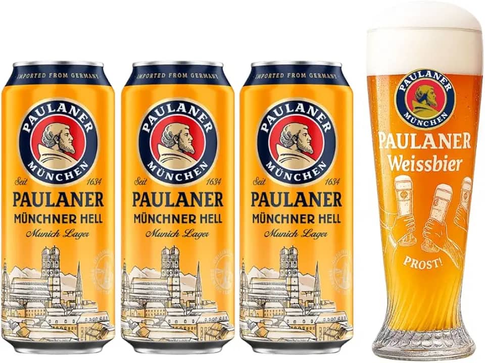 Kit 3 Cervejas Alemã Paulaner Munchner Hell Importado Lata 500ml + Copo Prost