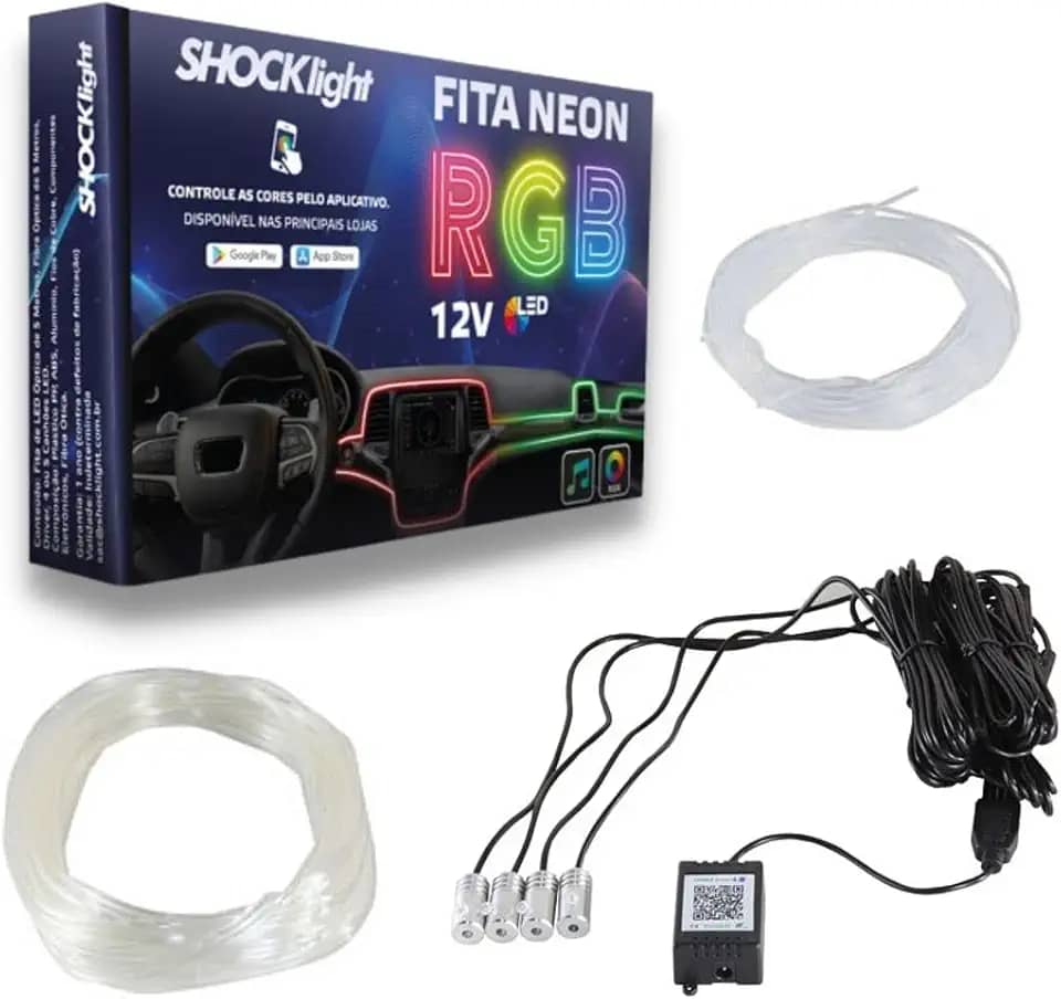 Fita Led Automotiva Neon Luz Interna RGB 4 Canhões Tubo Guia 6 Metros Mude Cor Pelo App Shocklight SL-FTRGB4