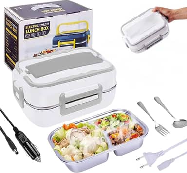 Marmita Elétrica Portátil Veicular de Aço Inoxidável Para Carro Uber Casa Lancheira Térmica 12V, 110V e 220 V (Bivolt) C/ 3 Divisórias Inox (Branco) da Marca Midas®