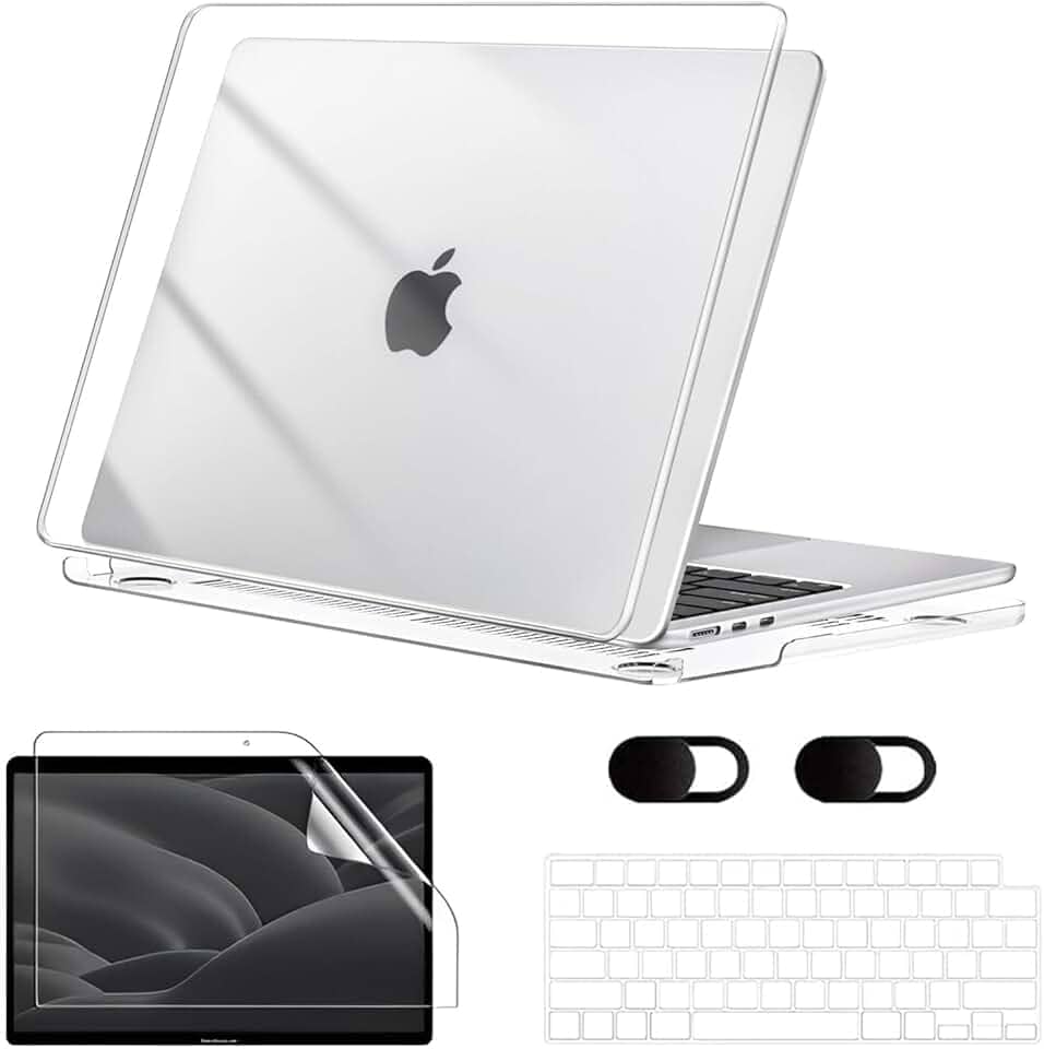 Capa para Macbook New Air 13,6'' A2681 (M2) 2022/A3113(M3) 2024/A3240(M4) 2025, Com Película de Teclado e Película de Tela Hidrogel, Película de Privacidade para Lente (Transparente Cristalino)