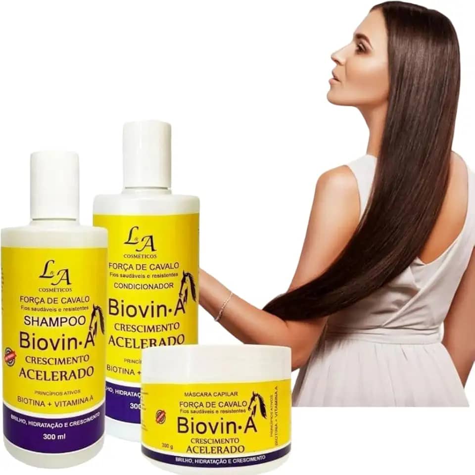 Kit Biovin-A Crescimento Capilar Rápido – Shampoo, Condicionador e Máscara Força de Cavalo Anti Queda e Fortificante 3 em 1
