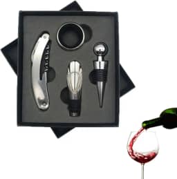 Kit Abridor de Vinho 4 Peças Premium – Saca-Rolhas em 2 Estágios, Dosador, Anel Anti-Gota e Tampa a Vácuo em Caixa Elegante Conjunto de Acessórios para Vinho