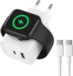 Carregador Relógio Watch 3 em 1 com Base Magnética Sem Fio + Cabo Tipo C Rápido + USB-A – (Compatível com Apple Watch) e Dispositivos USB-C Carregamento Turbo