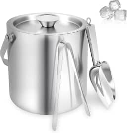 Balde de gelo de aço inoxidável de 2 L com tampa, colher e pinça, balde de gelo isolado de parede dupla, recipiente refrigerador de bebidas de boa refrigeração, portátil para festas e coquetéis