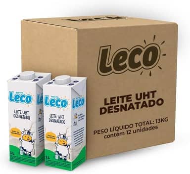 Pack 12 Unidades Leite UHT Desnatado Leco Caixa com Tampa 1l