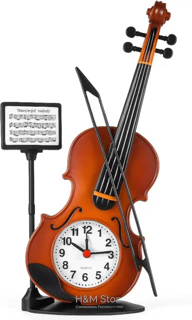 Relógio Despertador Decorativo em Formato de Violino Design Musical com Suporte de Partitura Movimento Quartz Silencioso 27cm Mesa Escrivaninha Sala Estúdio Presente Criativo