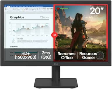 Monitor LG LED Home & Office - Tela 20” HD+, LG Switch, Modo leitura e Flicker Safe, HDMI, VGA, 2ms (GtG), 75Hz, Black Stabilizer, Dynamic Action Sync, Crosshair, saída fone de ouvido - 20U401A-B.AWZM