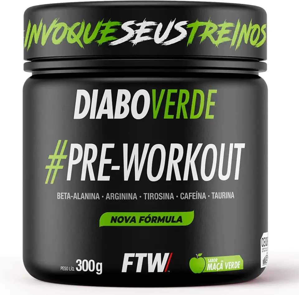 FTW Pré-Treino Diabo Verde em Pó com Cafeína, Aminoácidos Beta‑Alanina e Arginina para Treinos e Atividades Físicas - Pote 300 g (Maça Verde)