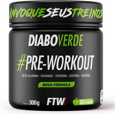 FTW Pré-Treino Diabo Verde em Pó com Cafeína, Aminoácidos Beta‑Alanina e Arginina para Treinos e Atividades Físicas - Pote 300 g (Maça Verde)