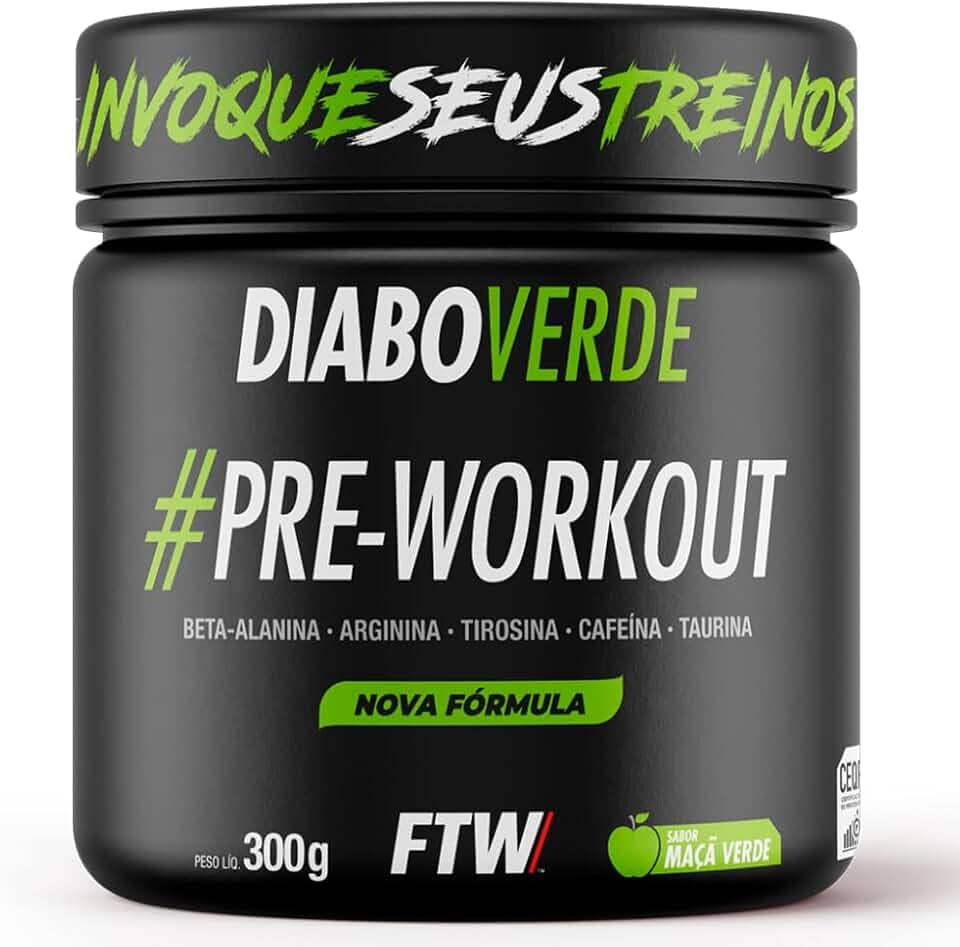 FTW Pré-Treino Diabo Verde em Pó com Cafeína, Aminoácidos Beta‑Alanina e Arginina para Treinos e Atividades Físicas - Pote 300 g (Maça Verde)