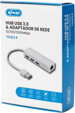 Hub USB A com 3 Portas e Adaptador de Rede Gigabit Knup, T133/3.0, 10/100 Mbps, Branco