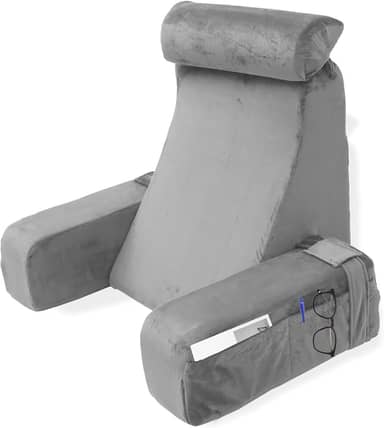 Travesseiro de leitura para cama com rolo removível de pescoço e braços para descanso de cama para sentar na cama ou sofá almofada de apoio para as costas para ler, TV, jogos, relaxar (cinza)