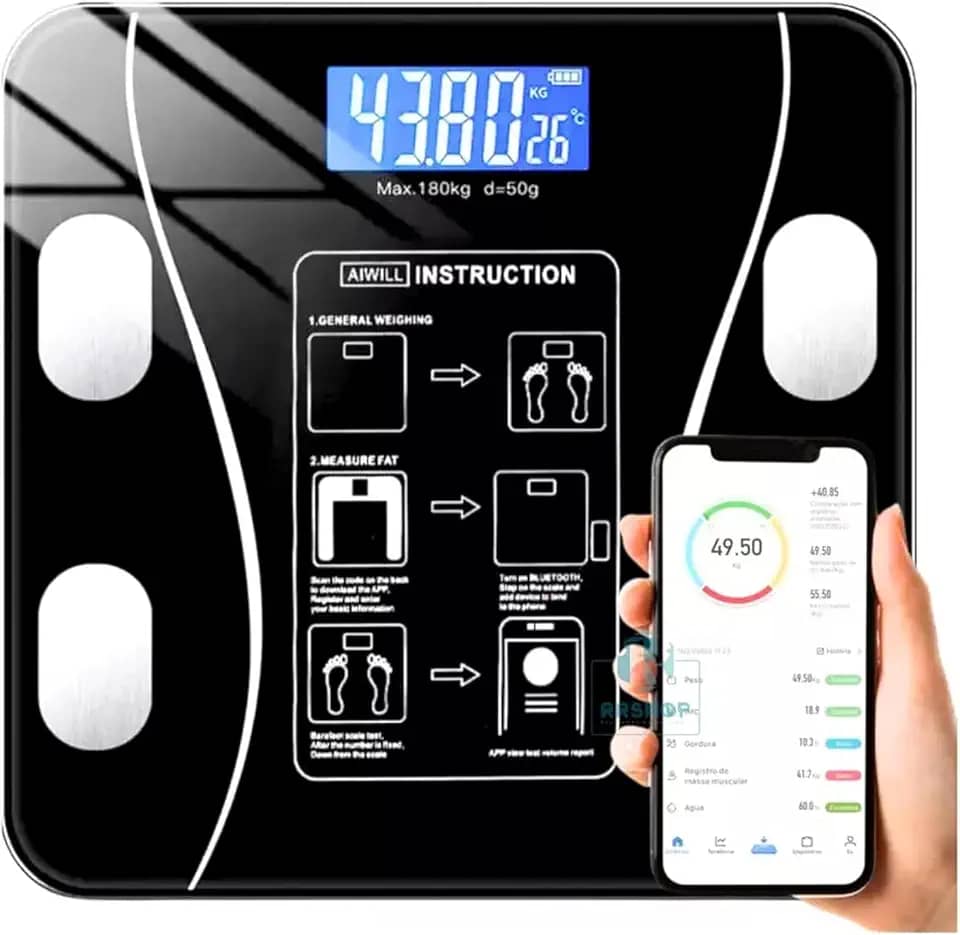 Balança Digital Plus Função Bioimpedância, Bluetooth, App, Saúde, IMC, Gordura Corporal, Músculo, Percentual De Água Para Emagrecimento, Academia, Banheiro, Quarto e Diétas - Capacidade 180kg