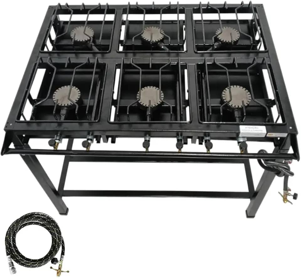 Fogão Industrial 6 Bocas, FERRO FUNDIDO, Base de Aço Carbono, Alta Pressão, 68x95cm