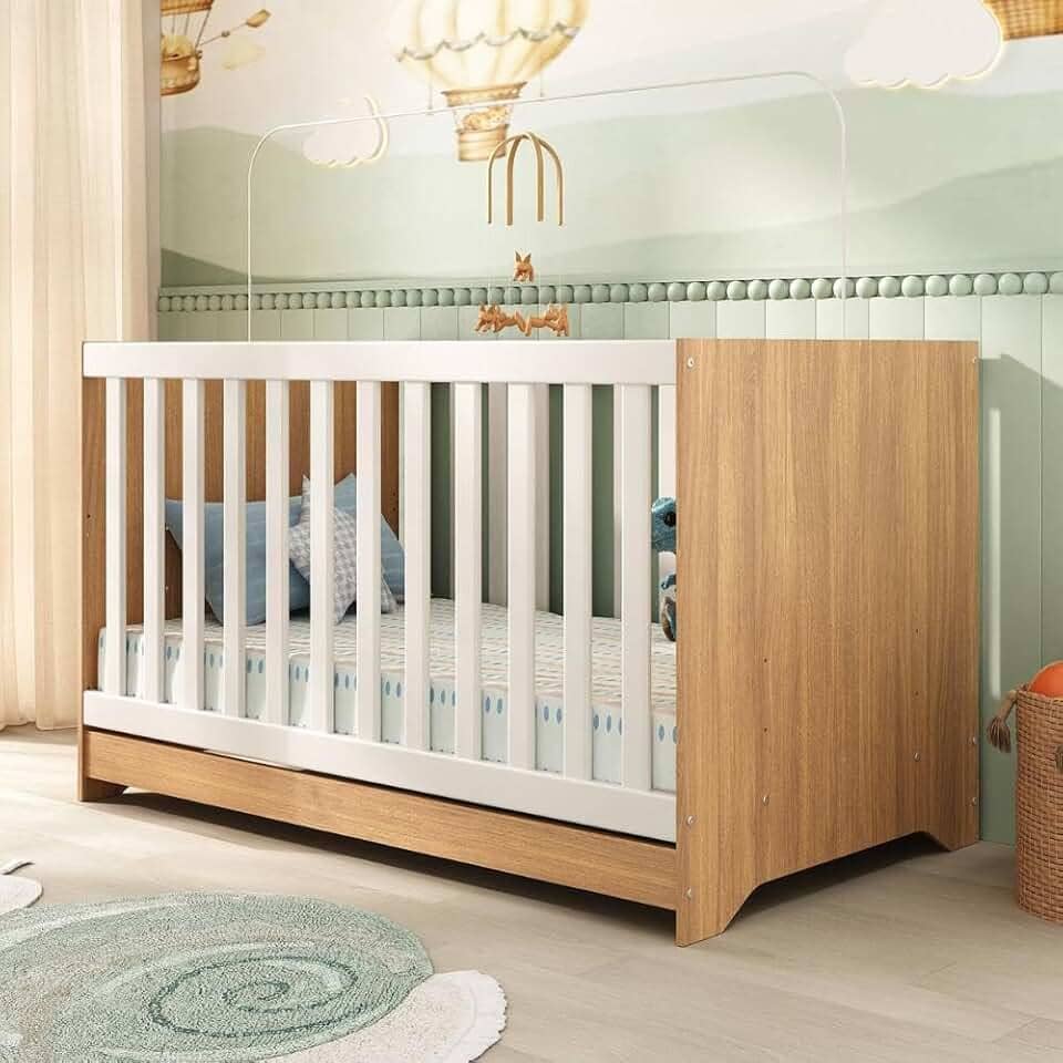 Berço Americano 3 em 1 Multimóveis para Colchão 130x70cm Conversível em Mini Cama e Sofá - Madeirado/Branco - Modelo 0527PA