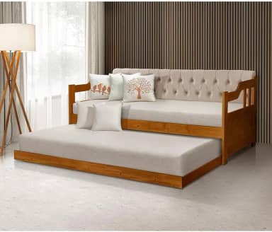 Sofá Cama Dublin Estofado Capitonê Veludo Bege Madeira Maciça com Cama Auxiliar - Castanho