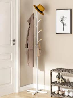 Cabideiro de Chão, Organizador de Roupas de Metal, Casacos, Bolsas, Cabide de Entrada, Adequado para Quartos, Salas de Estar e Entradas, Branco