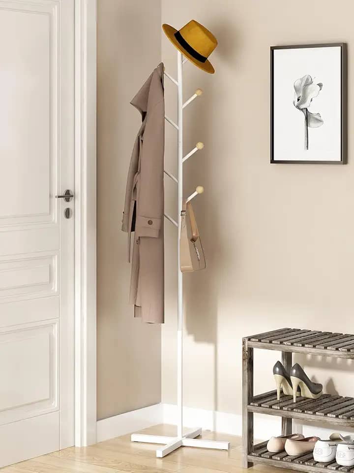 Cabideiro de Chão, Organizador de Roupas de Metal, Casacos, Bolsas, Cabide de Entrada, Adequado para Quartos, Salas de Estar e Entradas, Branco