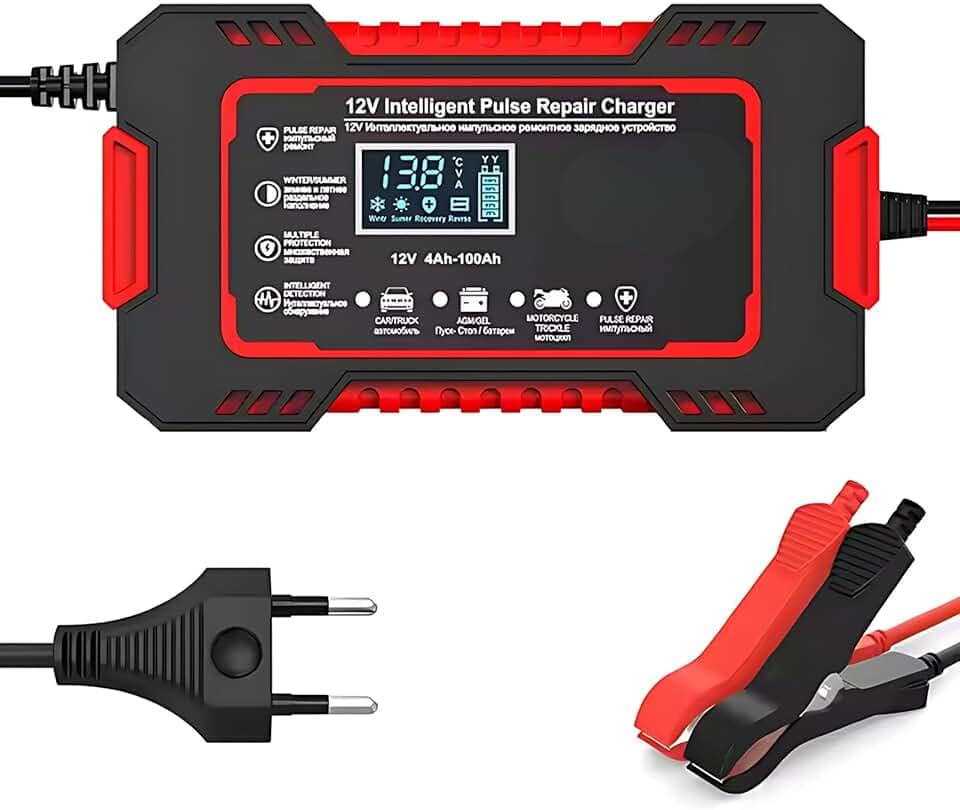 Carregador Inteligente de Bateria 12V Automotivo com Display Digital, Função Reparadora, Proteção de Segurança e Compatível com Carros e Motos - Pratiarejo®