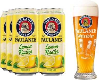 Kit 6 Cervejas Paulaner Lemon Radler Mix Alemã Lata 500ml + Copo Prost