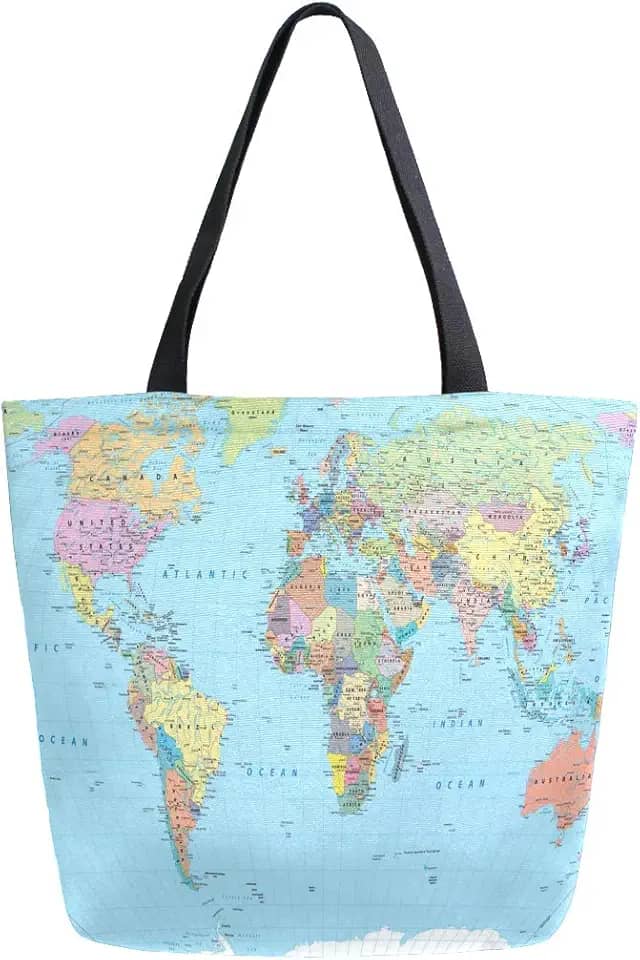 Naanle Bolsa de mão de lona com mapa do mundo grande feminina, casual, bolsa de mão, mapa-múndi, reutilizável, multifuncional, resistente, para compras ao ar livre.