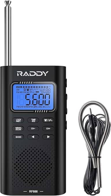 Raddy Rádio de ondas curtas portátil RF886 AM/FM/SW/VHF/WB Conexão BT com NOAA e alerta, bolso recarregável com antena de fio de 2,5 m