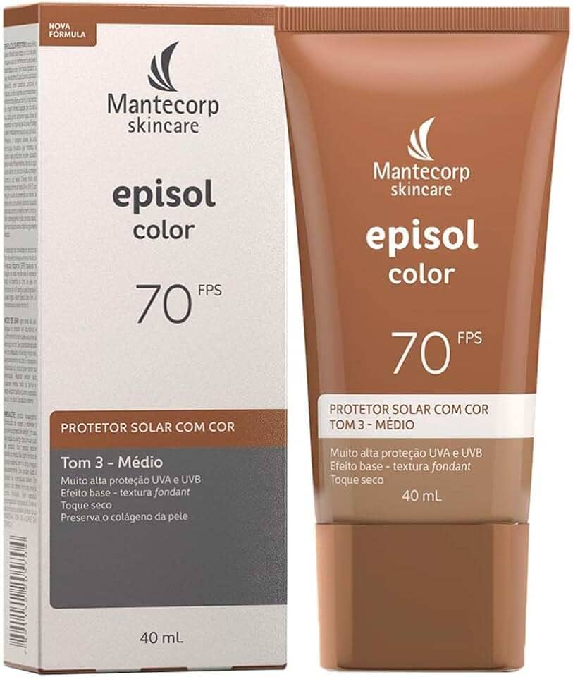 MANTECORP - Protetor Solar Facial Episol Color FPS 70 - Efeito Base, Alta Proteção UVA e UVB, Toque Seco, Rápida Absorção - Tom 3 Médio - 40ml