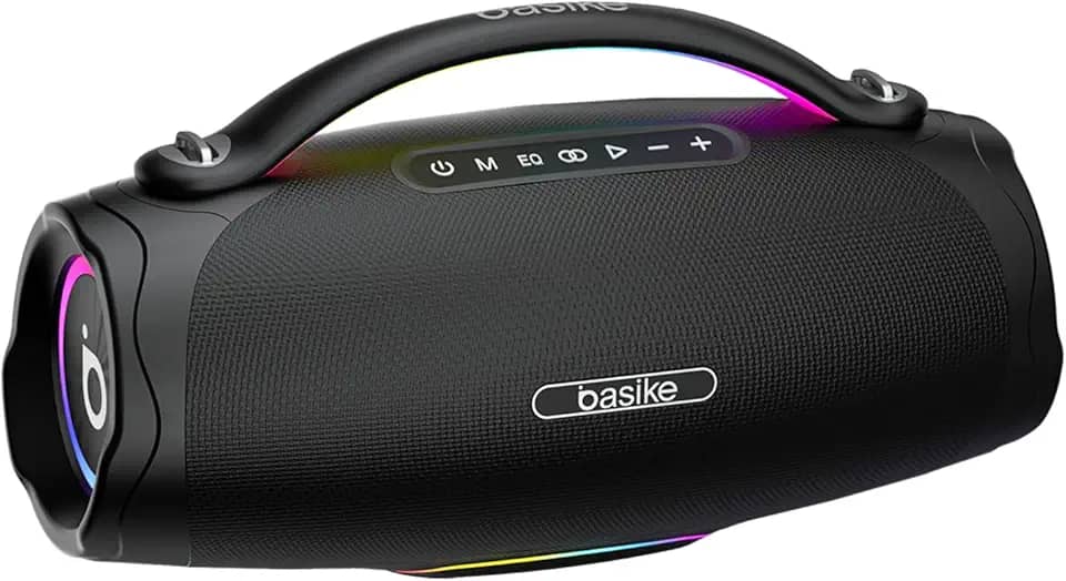 Caixa de Som Bluetooth Portátil 100W, Basike Boombox V98 com Powerbank, Bluetooth 5.3, IPX6 À Prova D'água e Resistente À Poeira, Luz RGB Surround, Tecnologia TWS, 8h de Autonomia, EQ/USB/TF/AUX