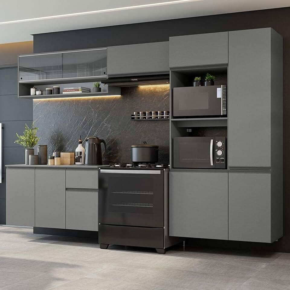 Armário de Cozinha Completa Suspenso 300cm Cinza Nice Madesa 07