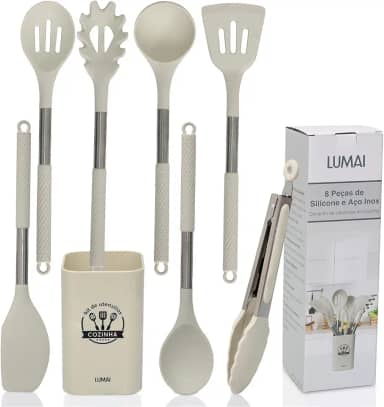 LUMAI Kit 8 Utensílios de Cozinha Grandes em Silicone e Aço Inox, Resistentes ao Calor, Antiderrapantes e Antirriscos, Acessórios de Cozinha Espátula, Colher, Pegador de Massa, Concha e Mais – Bege
