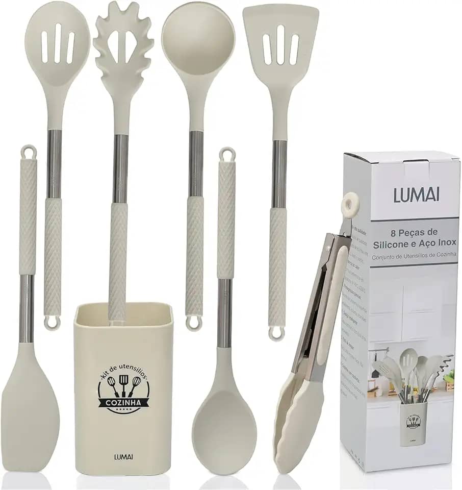 LUMAI Kit 8 Utensílios de Cozinha Grandes em Silicone e Aço Inox, Resistentes ao Calor, Antiderrapantes e Antirriscos, Acessórios de Cozinha Espátula, Colher, Pegador de Massa, Concha e Mais – Bege
