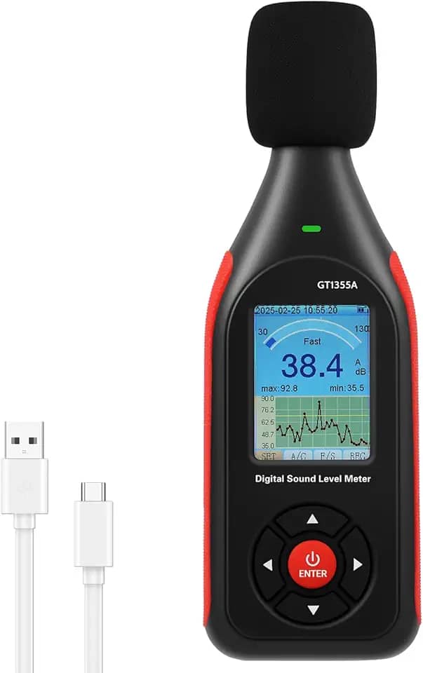 Medidor digital de decibéis 30-130dB, leitor de nível de som, alarme de 3 cores, ajustável, dispositivo de medição de volume de ruído, gravador de decibéis, 43000 dados (preto)