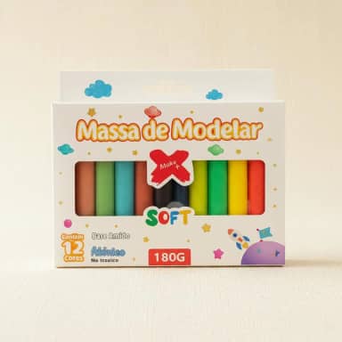 Massinha de Modelar Soft, 12 Cores Sortidas, Base de Amido, Atóxica, 180g, Textura Macia, para Crianças a Partir de 3 Anos