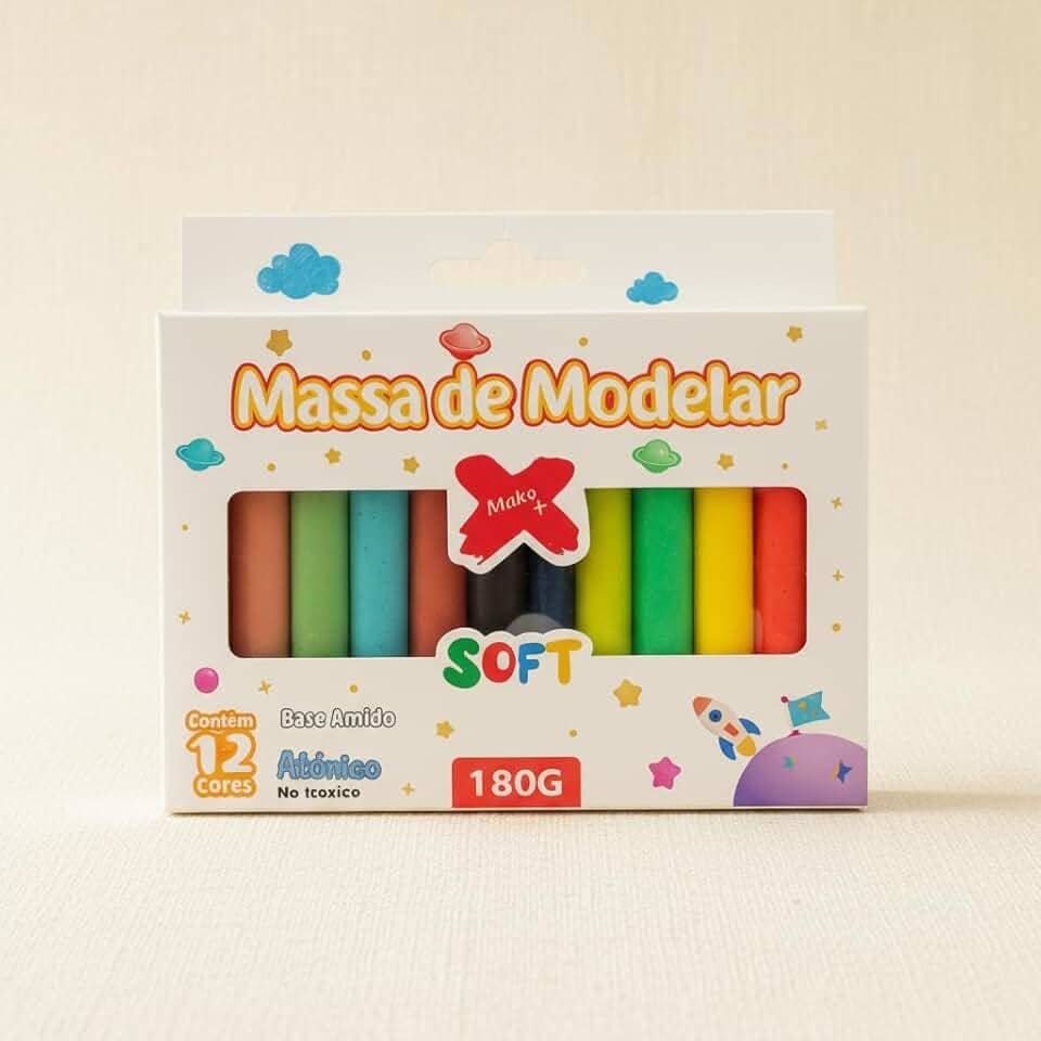 Massinha de Modelar Soft, 12 Cores Sortidas, Base de Amido, Atóxica, 180g, Textura Macia, para Crianças a Partir de 3 Anos
