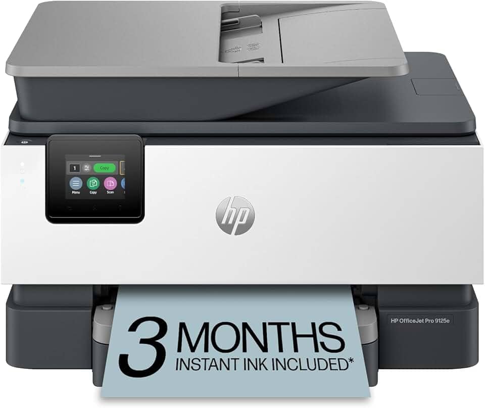 HP OfficeJet Pro 9125e Impressora multifuncional, colorida, impressora para pequenas e médias empresas, impressão, cópia, digitalização, fax, tinta instantânea elegível (3 meses incluídos), tela