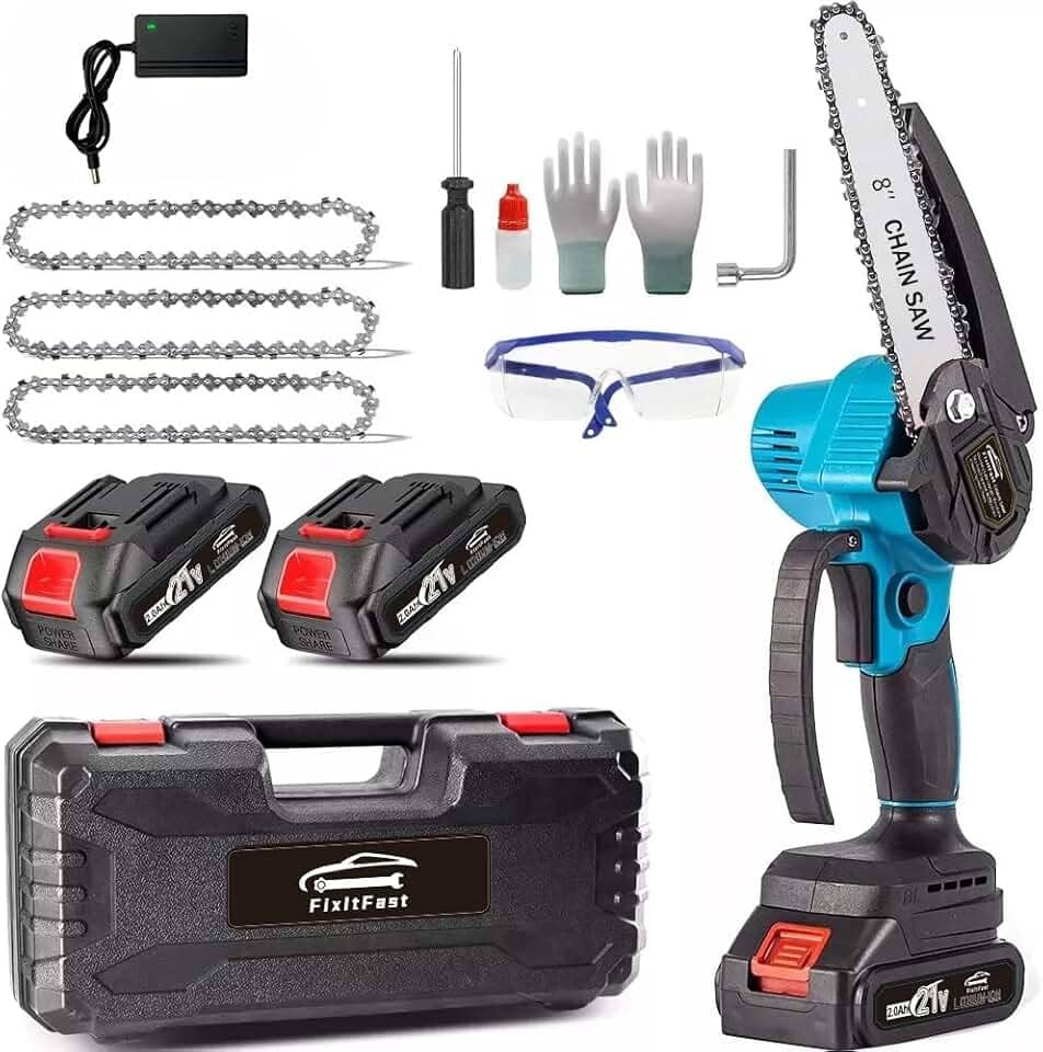 Mini Sem Fio Motosserra de Mão de 8 Polegadas,com 2 Baterias 21V, motosserra portátil com motor sem escova, Ideal para Poda de Árvores, Jardinagem e Trabalhos em Fazendas (100-240V)