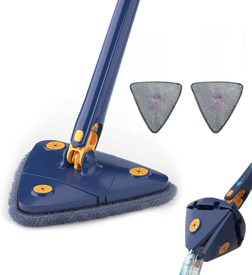 Mop giratório de 360 °, esfregão seco e úmido ajustável giratório de 360 graus, esfregão de torção automático de microfibra triangular com cabo longo, para limpeza de teto, janela e rodapé. (azul)