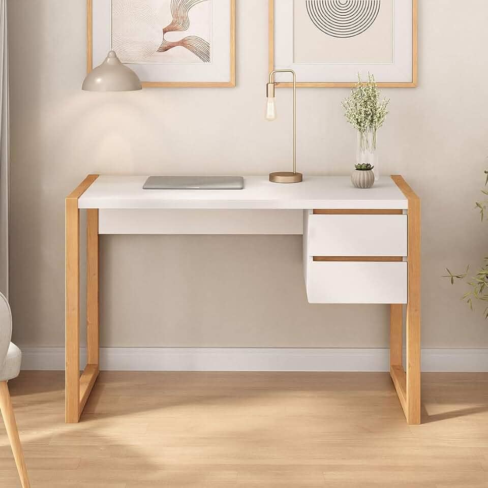 IDIMEX Escrivaninha Madeira Branca para Escritório 2 Gavetas Belinda Escrivaninha para Quarto 120 cm Freijó