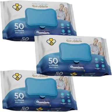 Toalha Umedecida Geriátrica Adulto Lenço 3 Packs com 50 Unidades Cada