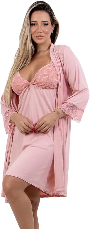 Conjunto Amamentação Feminino 4 Estações Camisola Lisa e Robe Roupão Com Renda Manga Curta