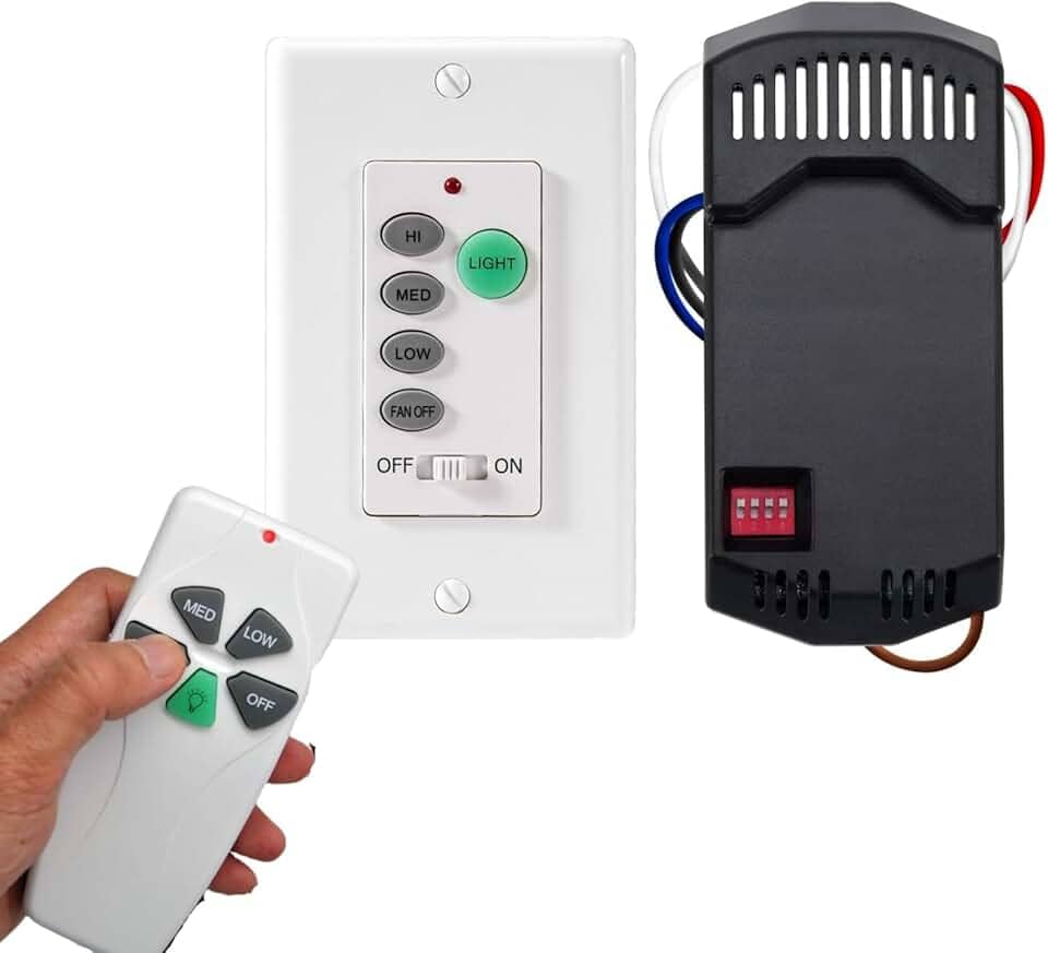 Interruptor universal de parede para ventilador de teto + kit de controle remoto, kit de transmissor e interruptor DIP 53T com 3 velocidades ajustáveis, regulador de intensidade de luz,