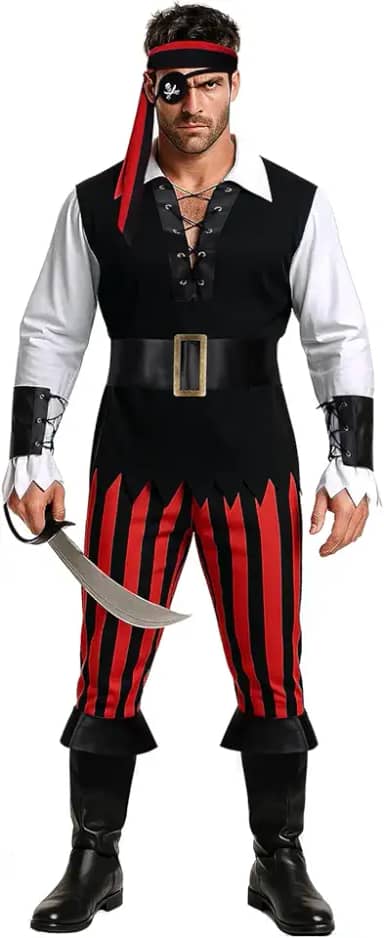 Fantasia masculina adulta de pirata, 7 peças, masculina, capitão do mar caribenho, pirata, ladrão, Halloween, cosplay, camisa, roupa
