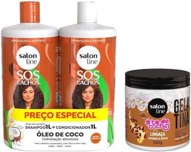 Salon Line, Kit Shampoo e Condicionador S.O.S Cachos + Gelatina Capilar #TodeCacho, Veganos - Para Cabelos Ondulados, Cacheados e Crespos, 550 g e 1 L