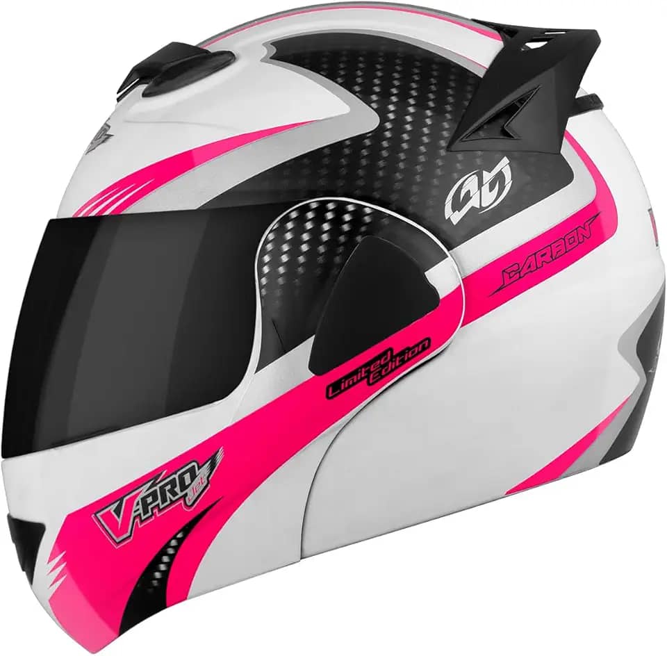 CAPACETE ESCAMOTEÁVEL PRO TORK V-PRO JET 2 CARBON BRANCO - ROSA TAM. 62 VIS. FUMÊ