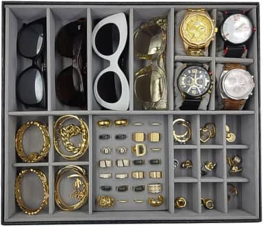 Bandeja Mista Óculos Relógios E Joias Closet Organiza Gaveta Acessórios Cinza