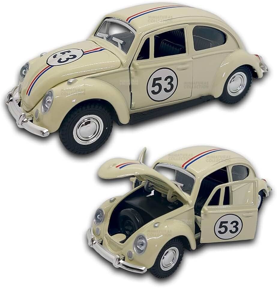 Carrinho de ferro Fusca 53, Miniatura de carro colecionável, abre portas e capô, Com fricção, Bege, 12 CM